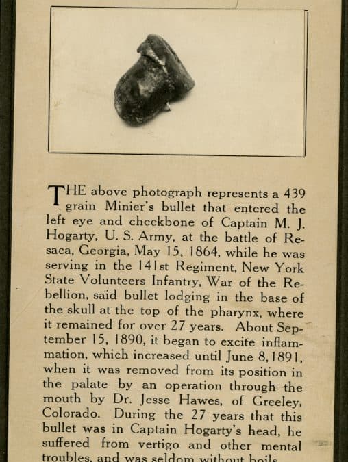 Image of an example of the bullet Hogarty was shot with and text describing his story below.