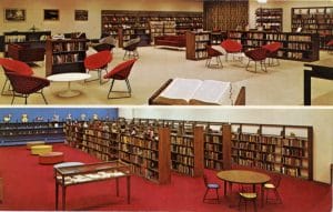 Top view is of a reading room inside a library. Bottom view is of book shelves inside a library