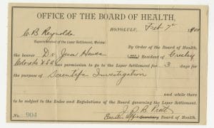Permission slip from Board of Health granting Dr. Jesse Hawes access to "Leper Settlement, Molokai"