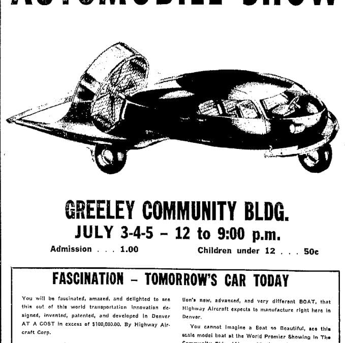Ad for the "world premier one car automobile show" for the Fascination at the Greeley Community Building July 3-5, 1969 from 12-9pm. $1 admission, children 12 and under 50 cents.